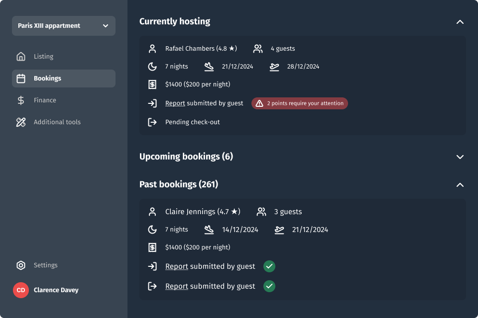 Bookings page